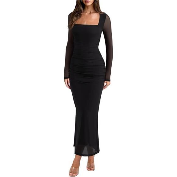 Long Sleeve Sheer Mesh Square Neck Long Dress Black - Picture 1 of 6